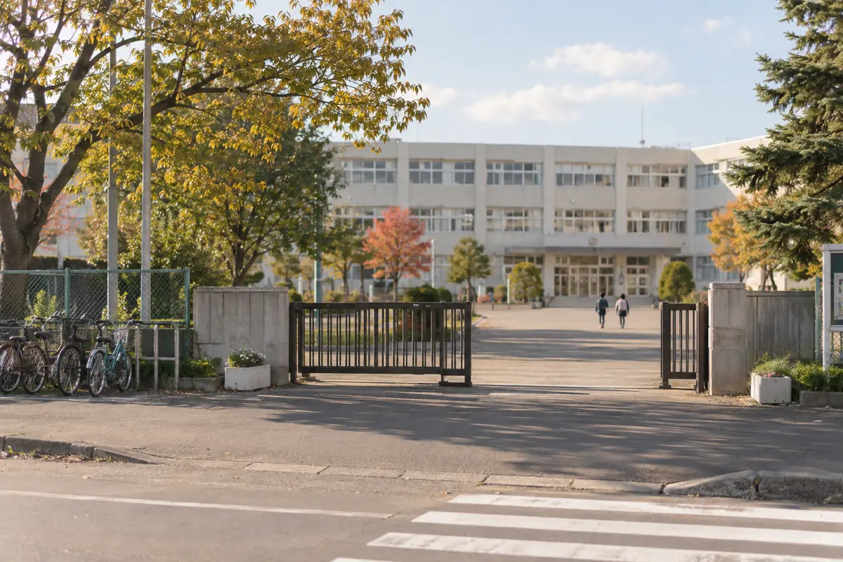 秋の並木に囲まれた小学校の校門と校舎