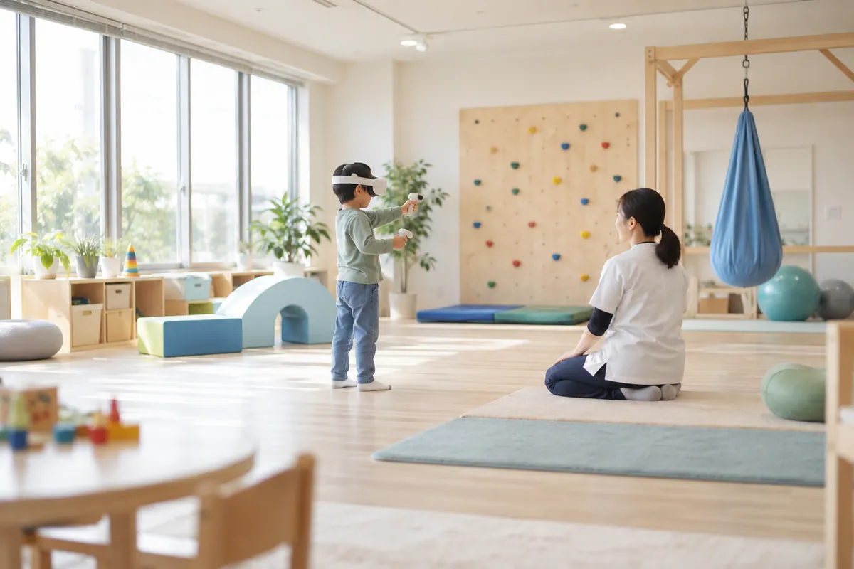 VRゴーグルを使ったビジョントレーニングをする子どもと支援者