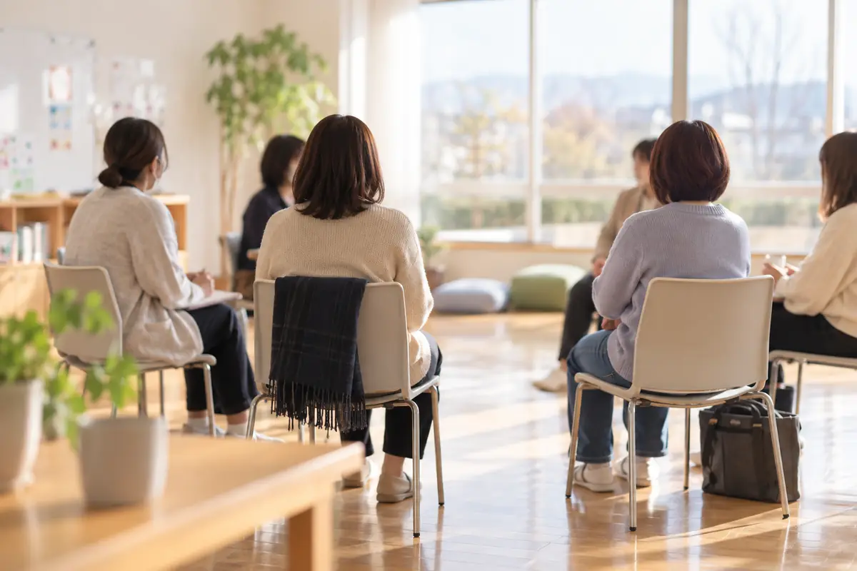 明るい部屋で輪になって座り、語り合う保護者たち