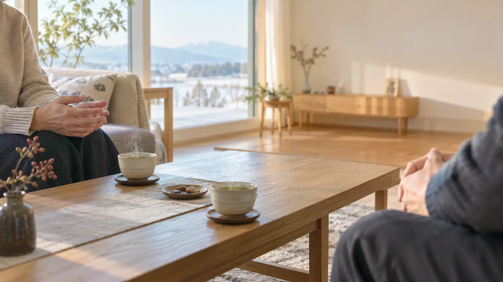 窓の外に街と山が見えるリビングで、湯のみを前に向かい合って話す二人