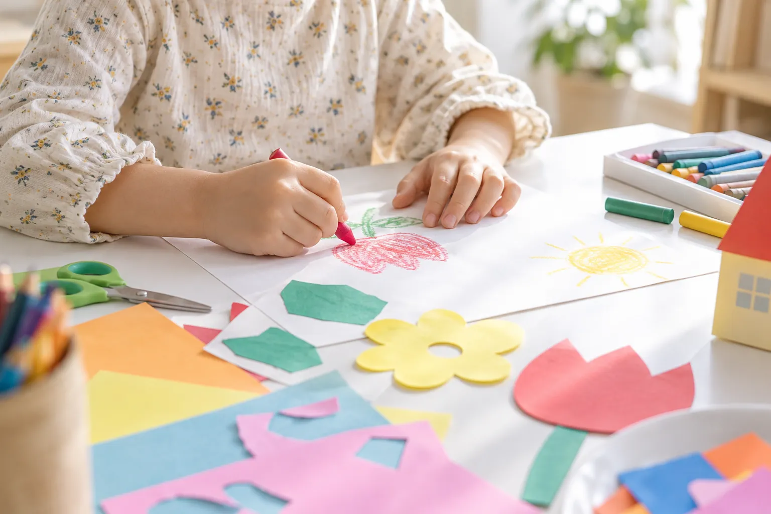 画用紙に絵を描く子どもの手